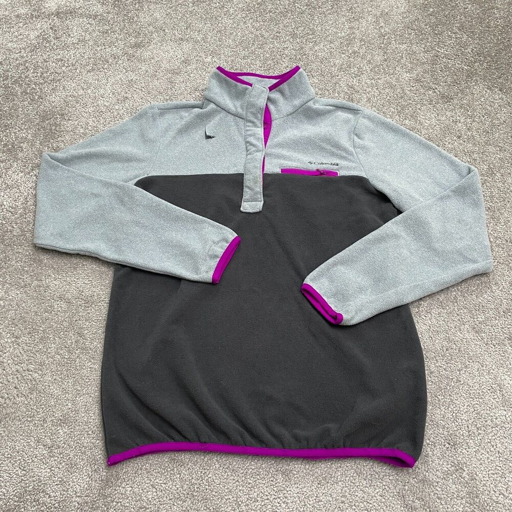Columbia Fire Side Fleece Jacket Womens Medium Gray Purple 1/4 Snap Outdoor Hike